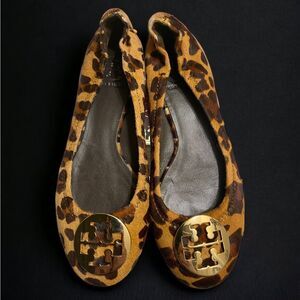 Tory Burch Leopard/Gold Reva-Haircalf Leather Ballet Flats Size 7M